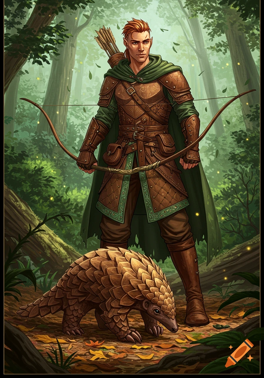 A male elf ranger in green and brown leather armor holds a bow, standing in a lush forest with a pangolin pet at his feet. Digital art.