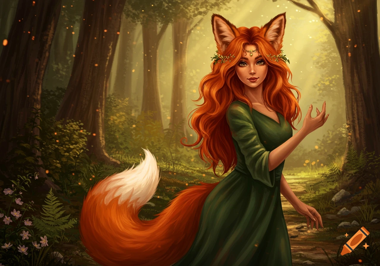 A digital painting of a red-haired fox-girl with a fluffy tail and pointy ears, wearing a green dress in a magical forest.