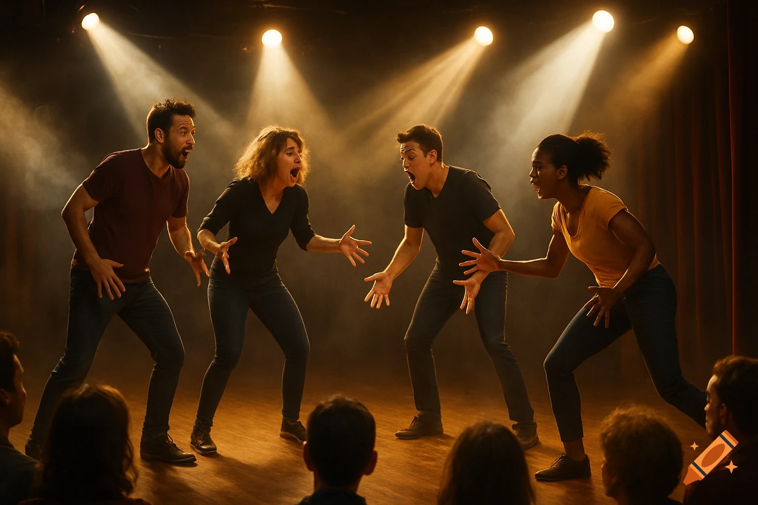 Four diverse actors on a dimly lit stage under spotlights, performing for an audience, with expressive, surprised faces.