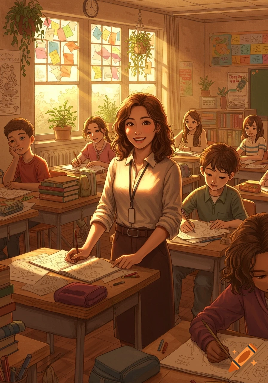 An illustration of a smiling female teacher in a sunlit classroom filled with students working at their desks.