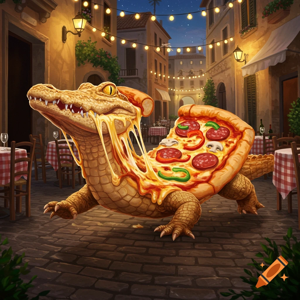 A whimsical pizzagator, an alligator with a pepperoni and mushroom pizza body with melting cheese, walks down an Italian street at night.