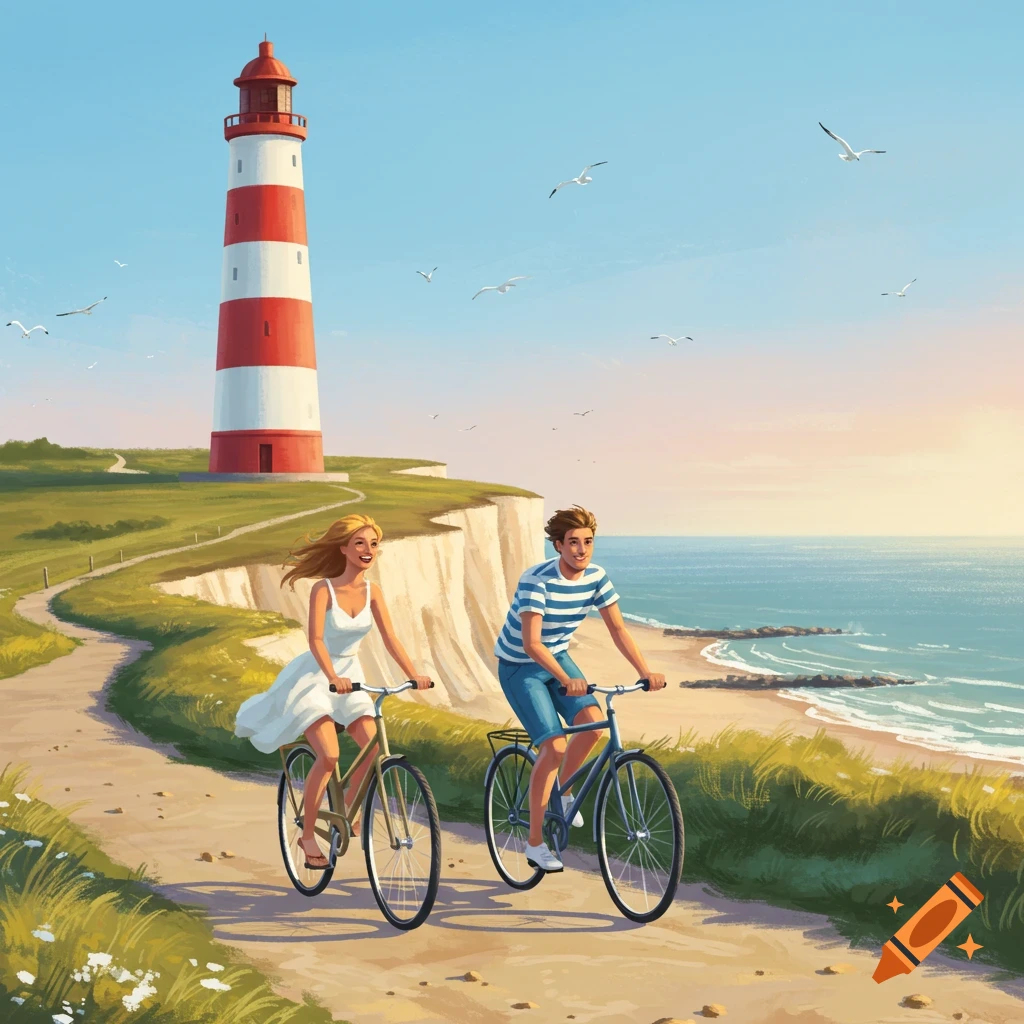 Illustrated scene of a man and woman cycling on a coastal path past a red and white lighthouse with the ocean in the background.