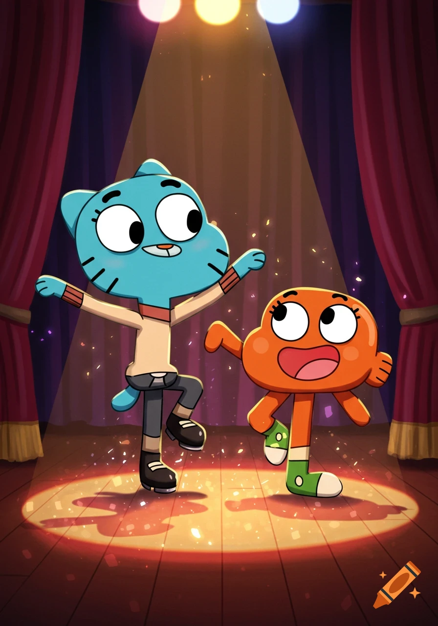 Cartoon characters Gumball and Darwin tap dancing on a stage under spotlights.