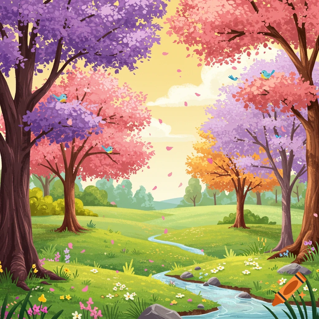 Vibrant cartoon spring landscape with colorful trees, a winding stream, a grassy meadow, and blue birds under a sunny sky.