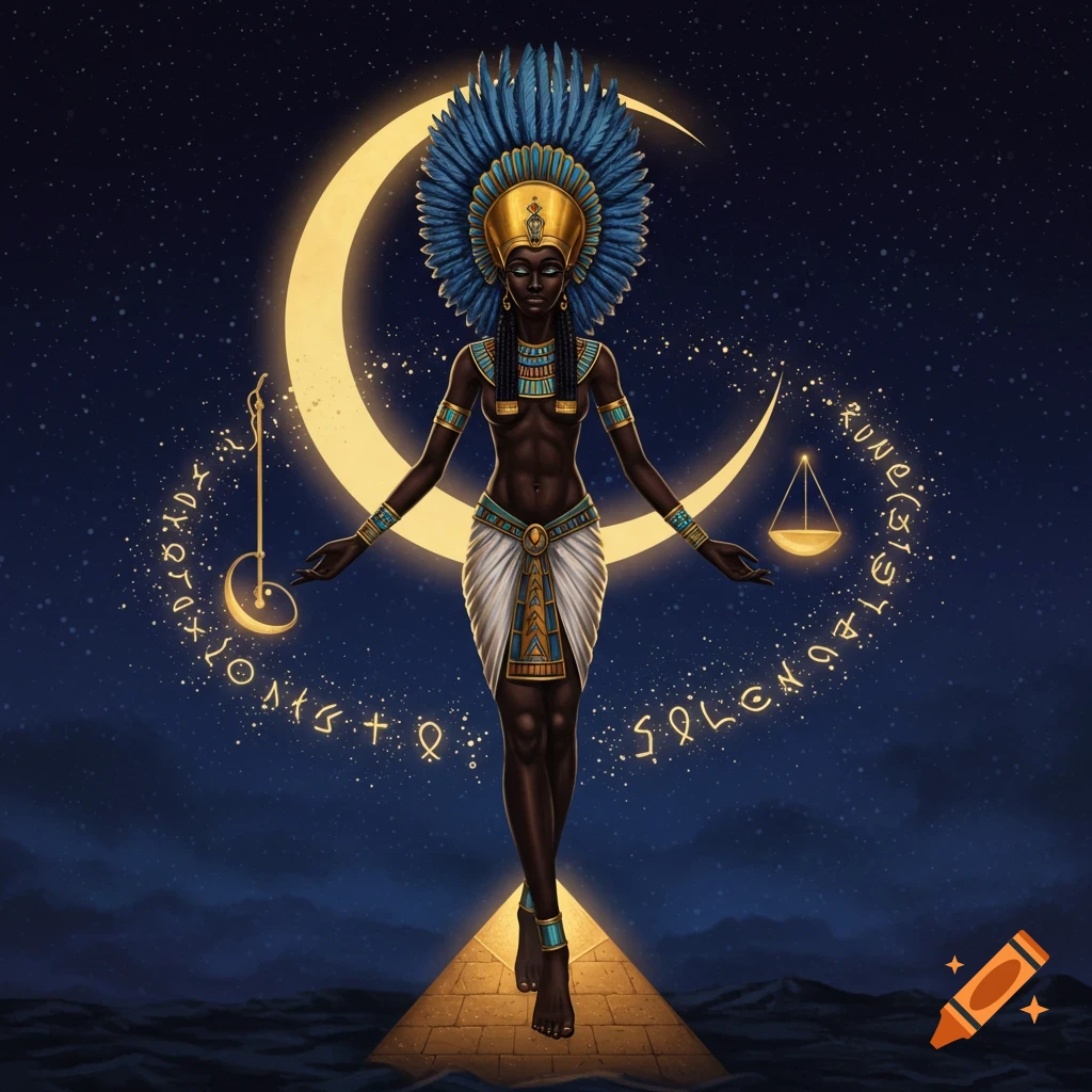 A stylized dark-skinned Egyptian goddess with a blue feathered headdress stands on a pyramid under a crescent moon and stars, surrounded by glowing symbols.
