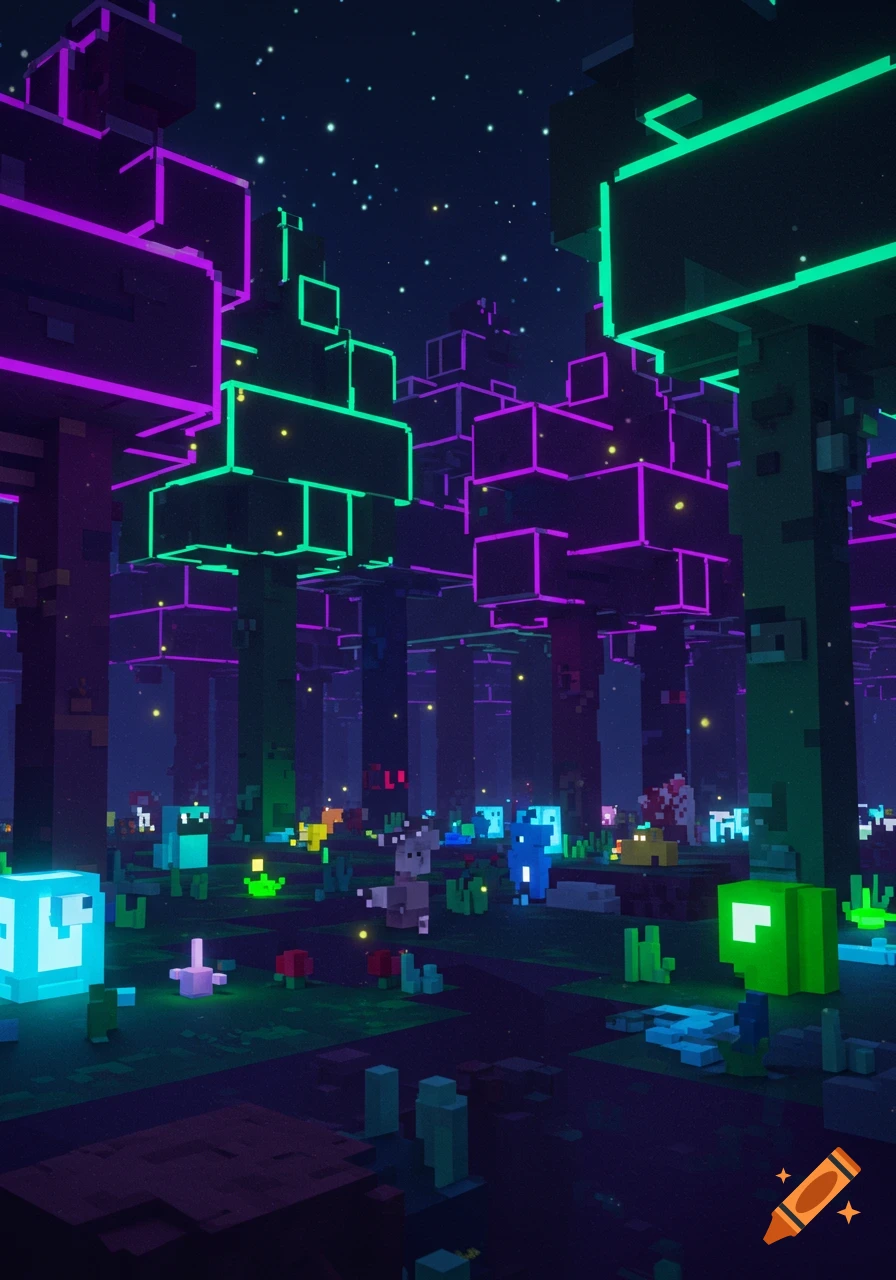 Voxel art forest at night with neon-outlined trees, glowing creatures, and fireflies under a starry sky.