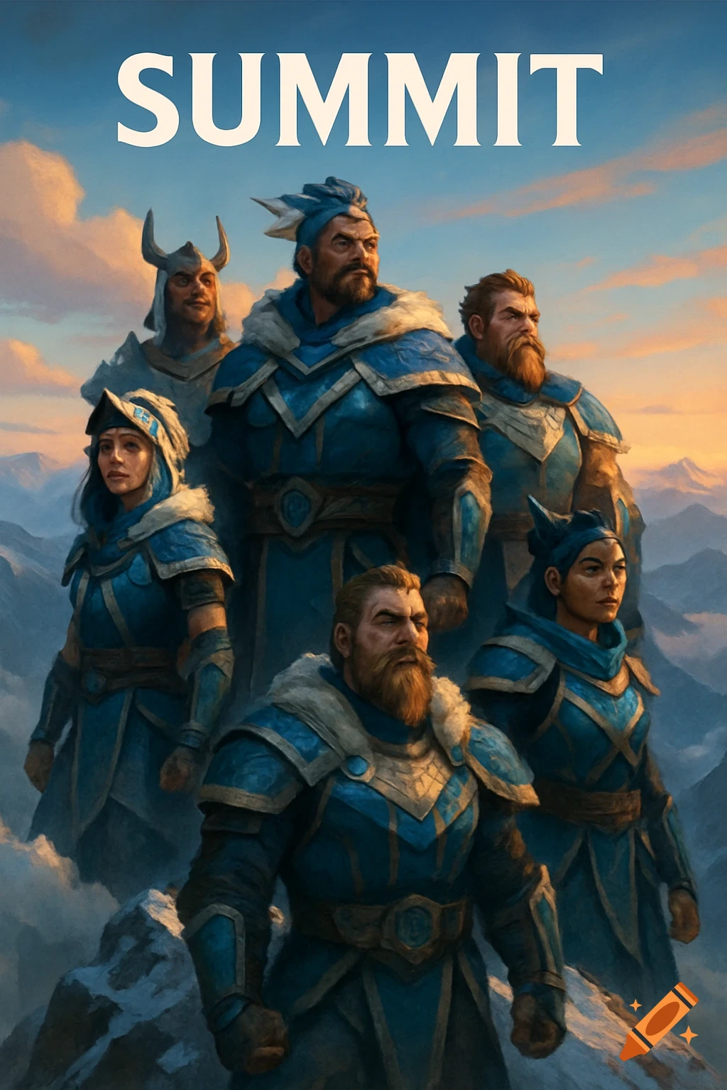 A group of six diverse fantasy characters in blue and gold armor stand on a mountain peak under a sunset sky. The word "SUMMIT" is at the top.
