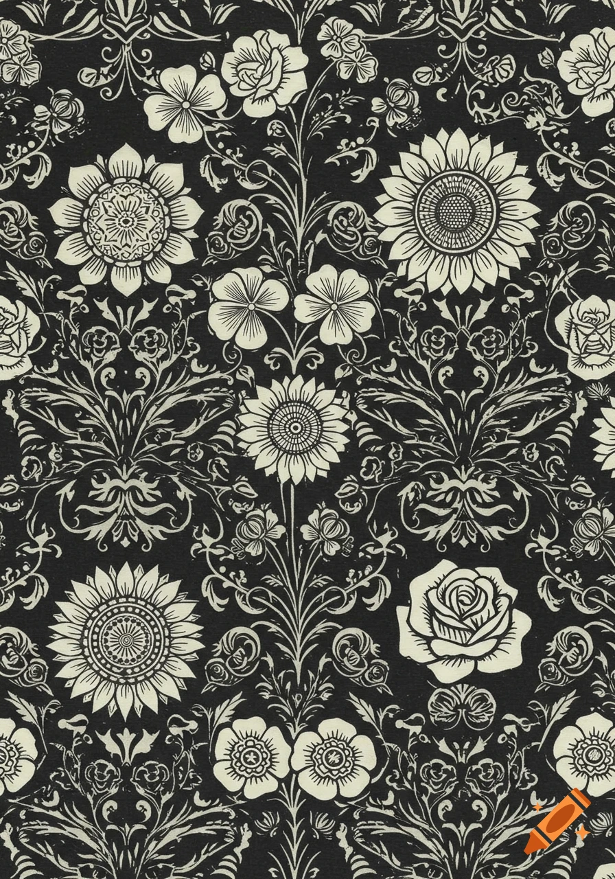 A monochrome folk art floral pattern with sunflowers, roses, clovers, and swirling vines against a dark background, in a graphic stencil style.