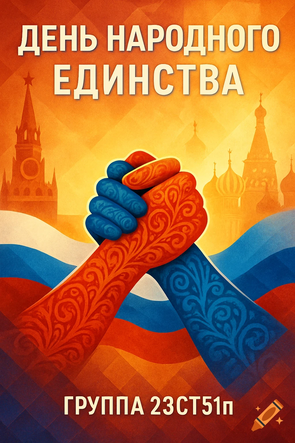 A stylized poster showing two hands, one red and one blue, clasped in a handshake over a background of Russian flag colors and silhouetted Moscow architecture. Russian text reads "Day of National Unity" and "Group 23ST51p".