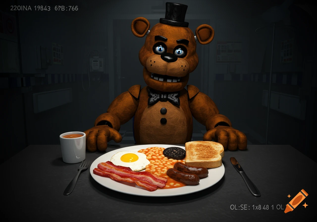 Freddy Fazbear, a brown animatronic bear in a top hat and bow tie, sits at a table with a full English breakfast and a mug, in a dimly lit room.