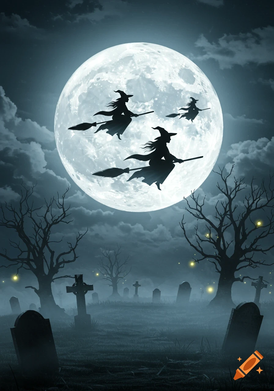 Silhouettes of three witches flying on brooms against a huge full moon over a misty graveyard with bare trees and tombstones at night.