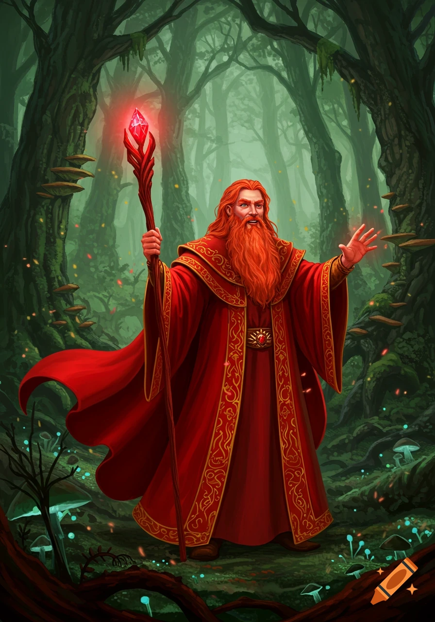 A red-bearded wizard in a red robe with gold trim holds a glowing red crystal staff in an enchanted forest.