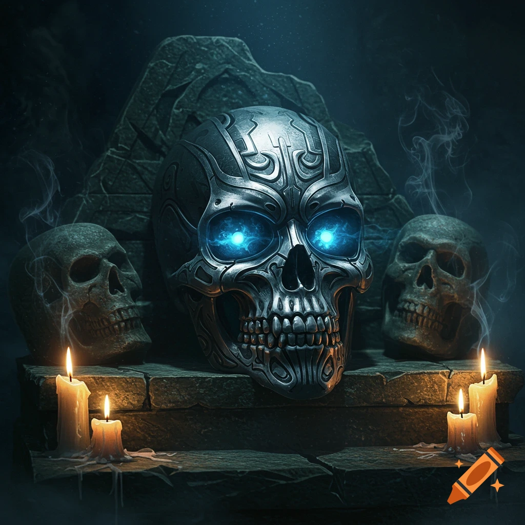A metallic, ornate skull mask with glowing blue eyes sits on a stone pedestal, flanked by two realistic human skulls and four lit candles, in a dark, atmospheric setting.