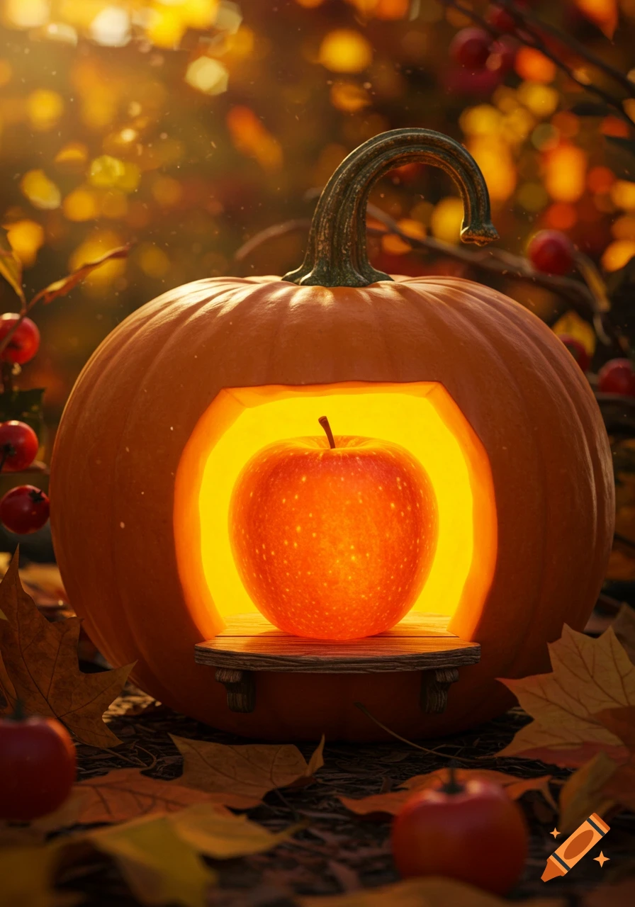 Photorealistic image of a glowing red apple on a wooden shelf inside a carved pumpkin, surrounded by autumn leaves.