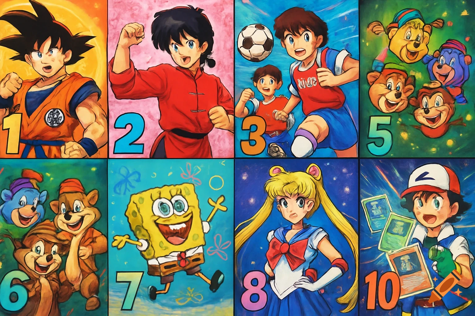 A vibrant grid of animated characters from the 90s, including Goku ...