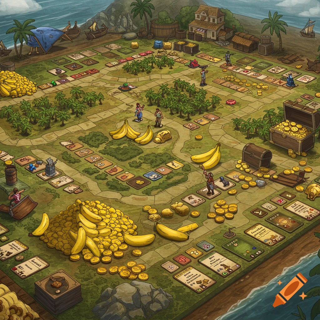An isometric view of an elaborate island-themed board game, featuring pirates, banana plantations, ships, gold coins, and various game pieces and cards on a detailed map.