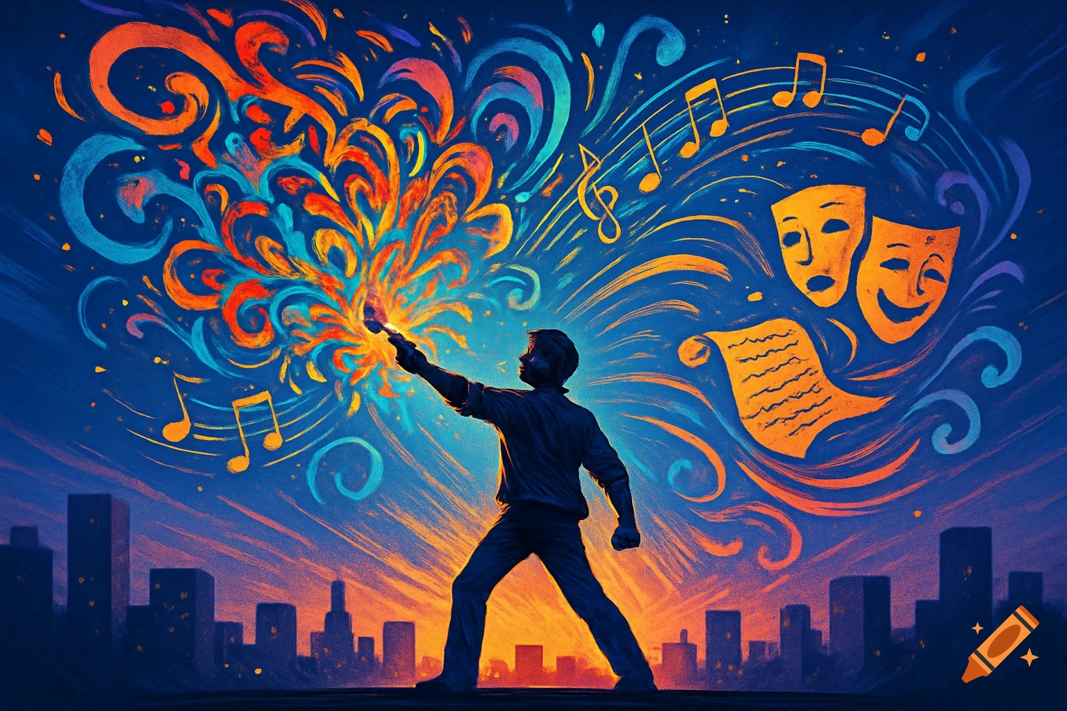 A silhouetted figure on a rooftop points a glowing brush, creating a burst of colorful swirls, musical notes, theatre masks, and a scroll, above a city skyline at sunset.