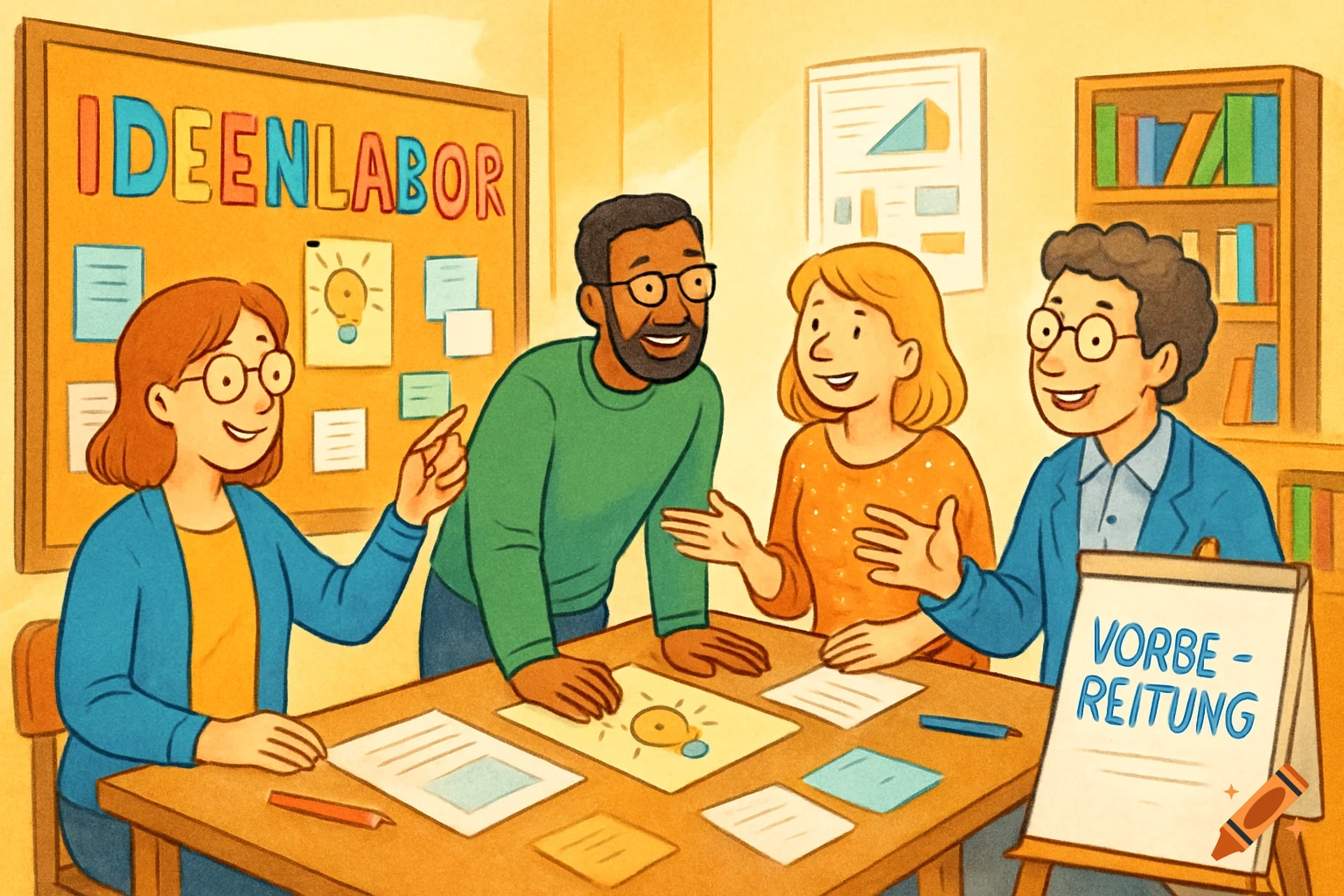 Friendly, colorful illustration of four teachers brainstorming in an 'Ideenlabor' (idea lab), with a bulletin board and whiteboard.