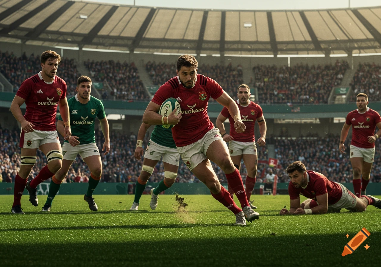 A photorealistic image shows rugby players in red and green jerseys in action on a green field in a stadium.