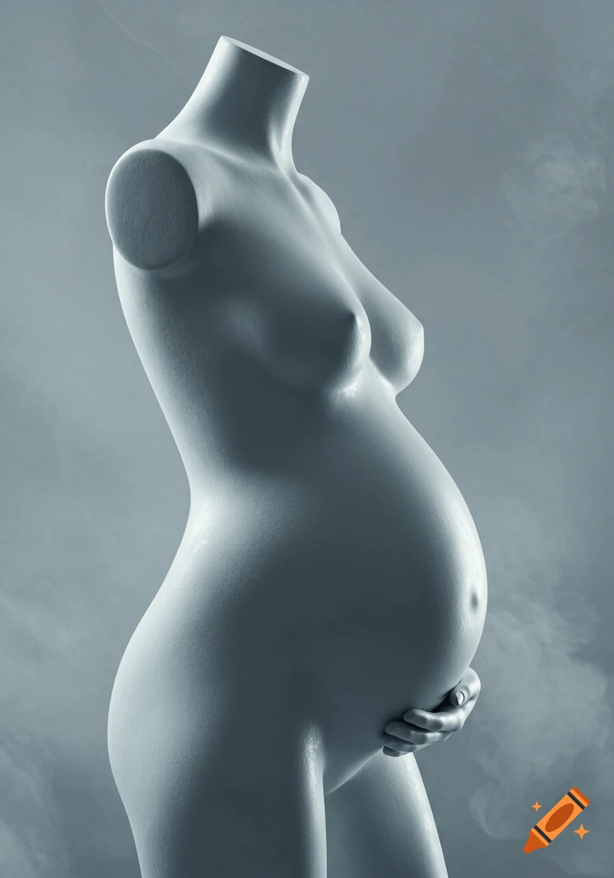 A detailed 3D render of a light grey pregnant mannequin torso, headless, with a hand resting on its belly, against a smoky grey background.