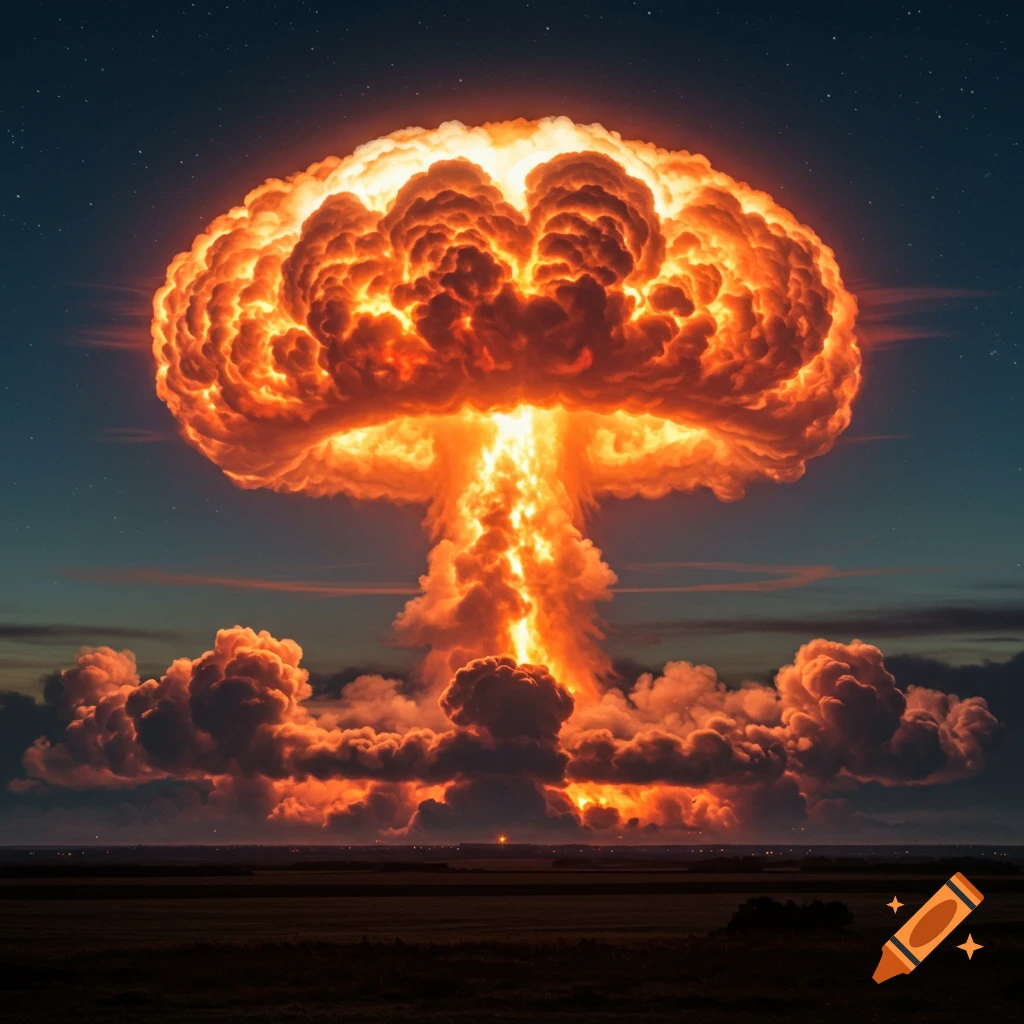 A massive, fiery nuclear mushroom cloud erupts into a starry night sky above a dark, flat landscape.