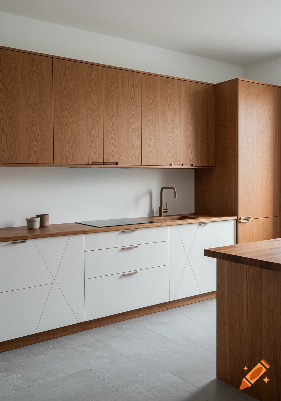 A minimalist modern kitchen with wooden wall cabinets and countertops, white base cabinets, a brass faucet, and light grey tiled floor.