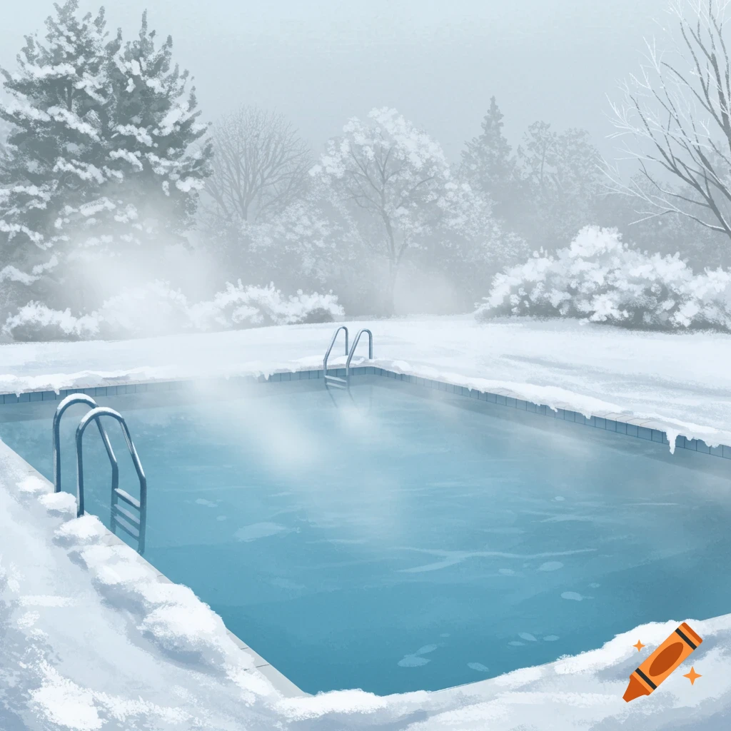 An illustrated swimming pool covered in snow with steam rising from the blue water, surrounded by snow-dusted trees.