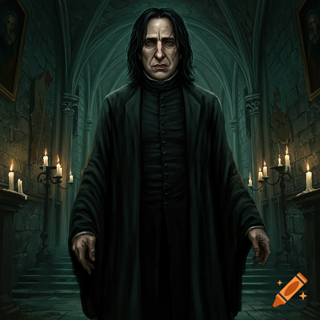 A serious Severus Snape in black robes stands in a dark, gothic hall lit by candles.