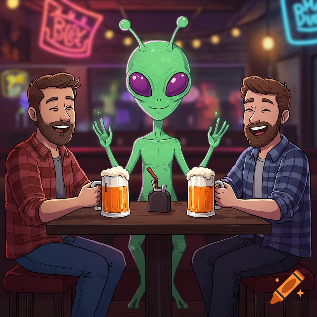 A cartoon of a green alien with two smiling men sitting at a bar table, all holding beer mugs.
