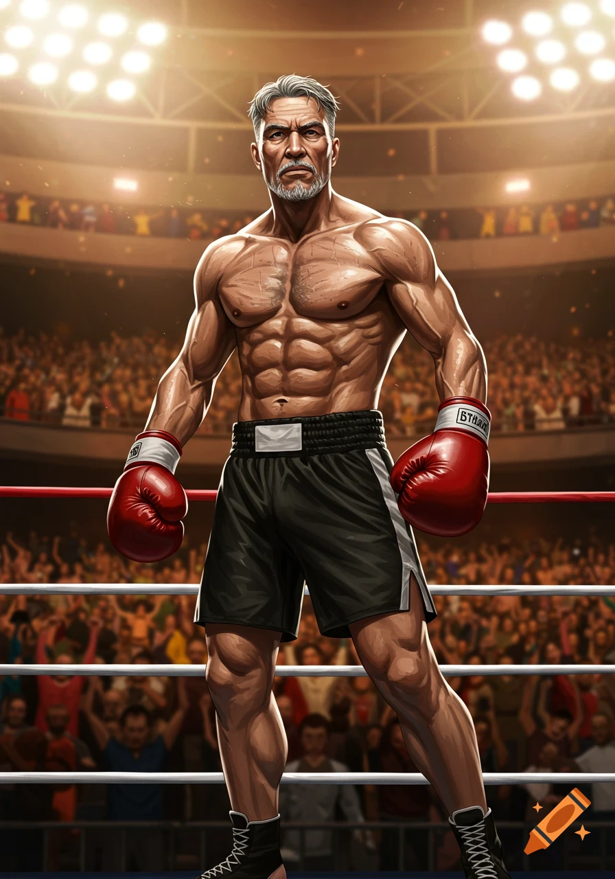 A muscular, gray-haired boxer with a beard wears red boxing gloves and black shorts, standing confidently in a boxing ring under bright lights with a stadium crowd in the background.