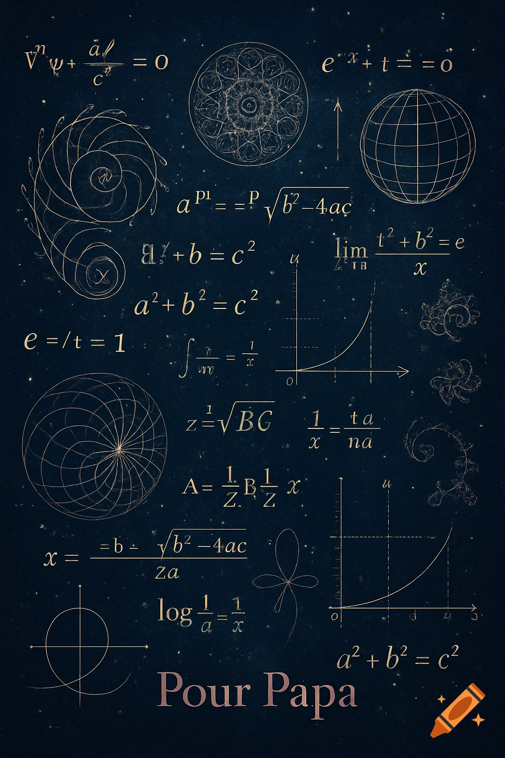 Dark blue background with gold mathematical equations, geometric shapes, spirals, and graphs resembling a starry chalkboard. Text at the bottom reads "Pour Papa".
