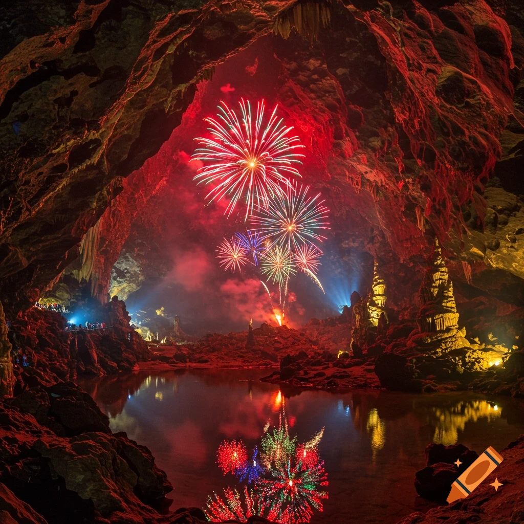 Colorful fireworks exploding inside a large, dark cave with a reflective body of water.