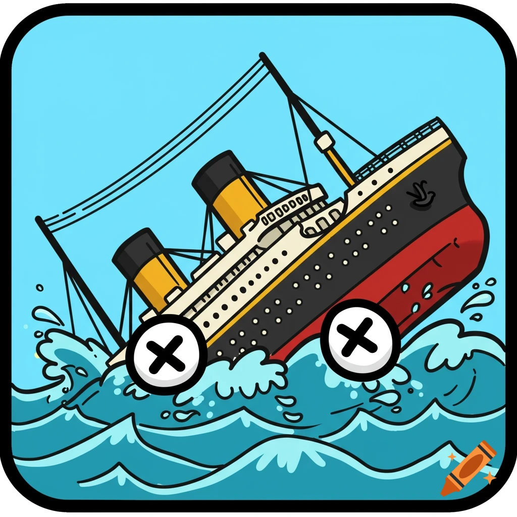 A cartoon-style Twitch emote of the Titanic sinking with X eyes, in bold lines against a blue background.