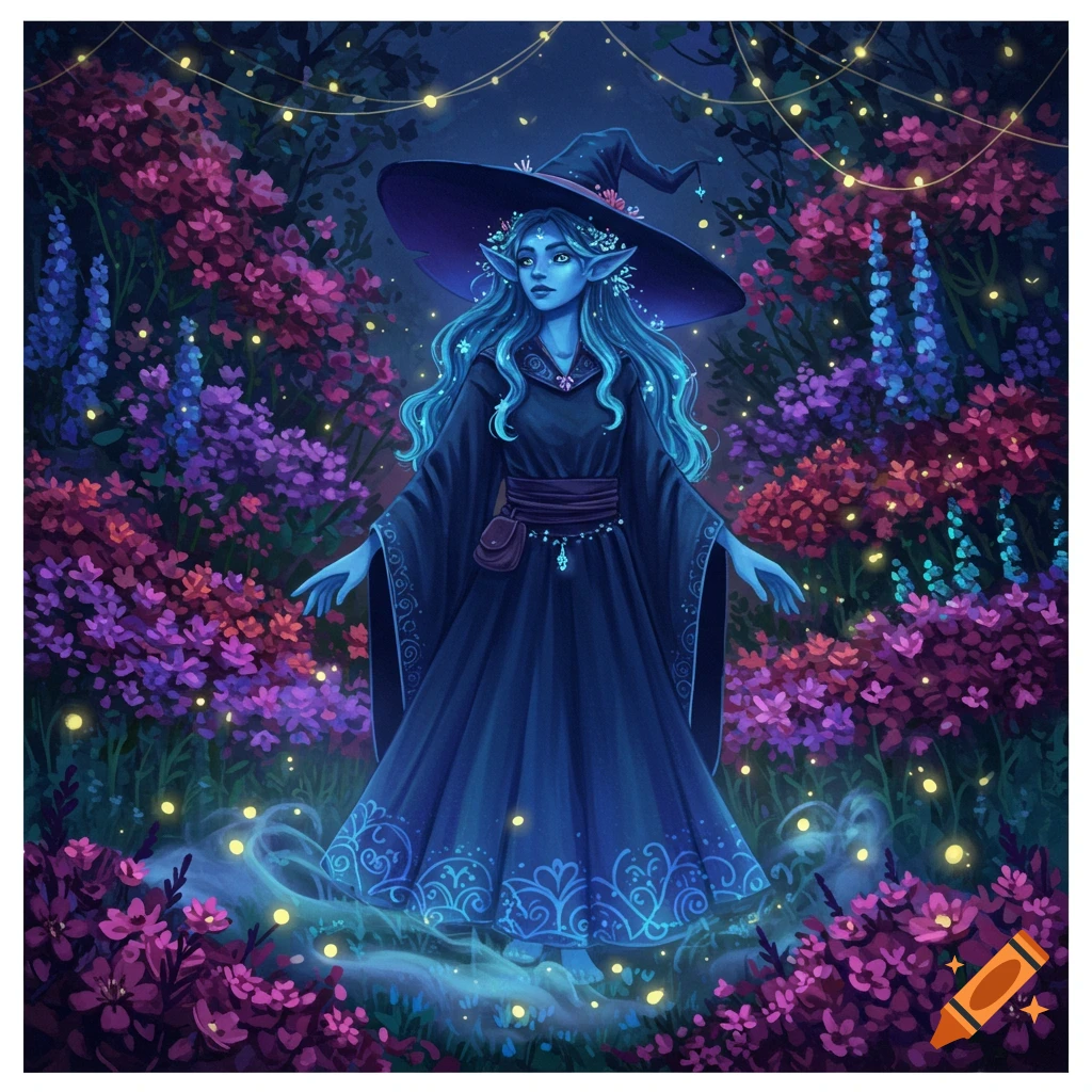 A blue-skinned witch with blue hair and a wide-brimmed hat stands in a magical garden of glowing purple and pink flowers, illustrative style.