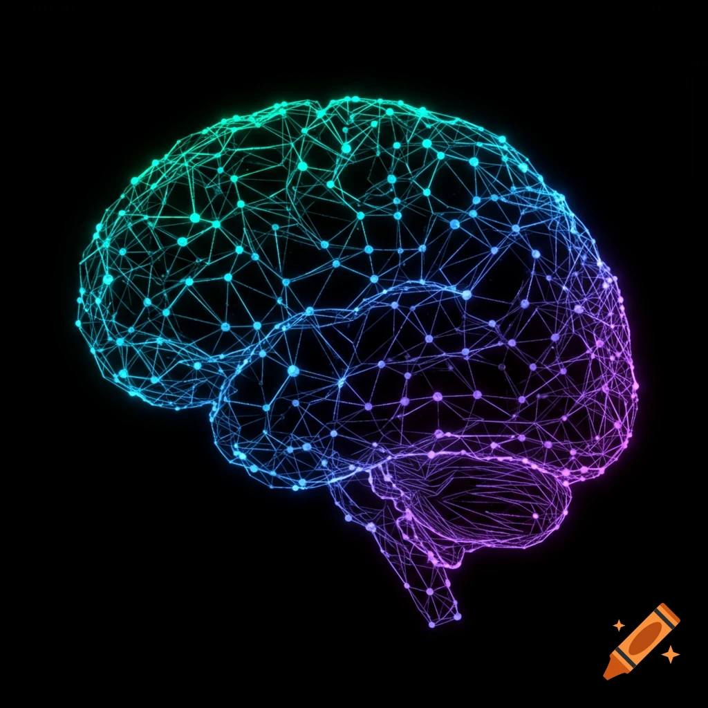 A glowing, colorful wireframe model of a brain, transitioning from green to purple, representing neural connections on a black background.