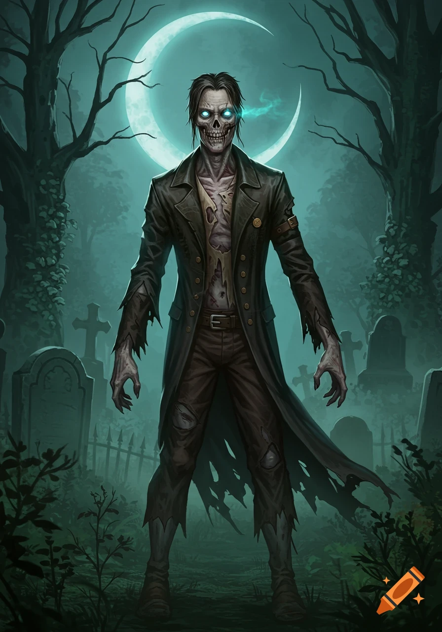 A stylized illustration of a zombie in a tattered coat standing in a misty graveyard under a bright crescent moon.