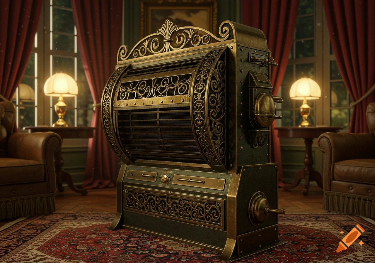 Ornate Victorian-era mechanical unit in a richly decorated room with red curtains, lamps, and a patterned rug.
