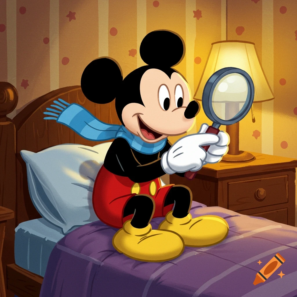 Cartoon illustration of Mickey Mouse sitting on a bed, wearing a blue scarf, and holding a magnifying glass.