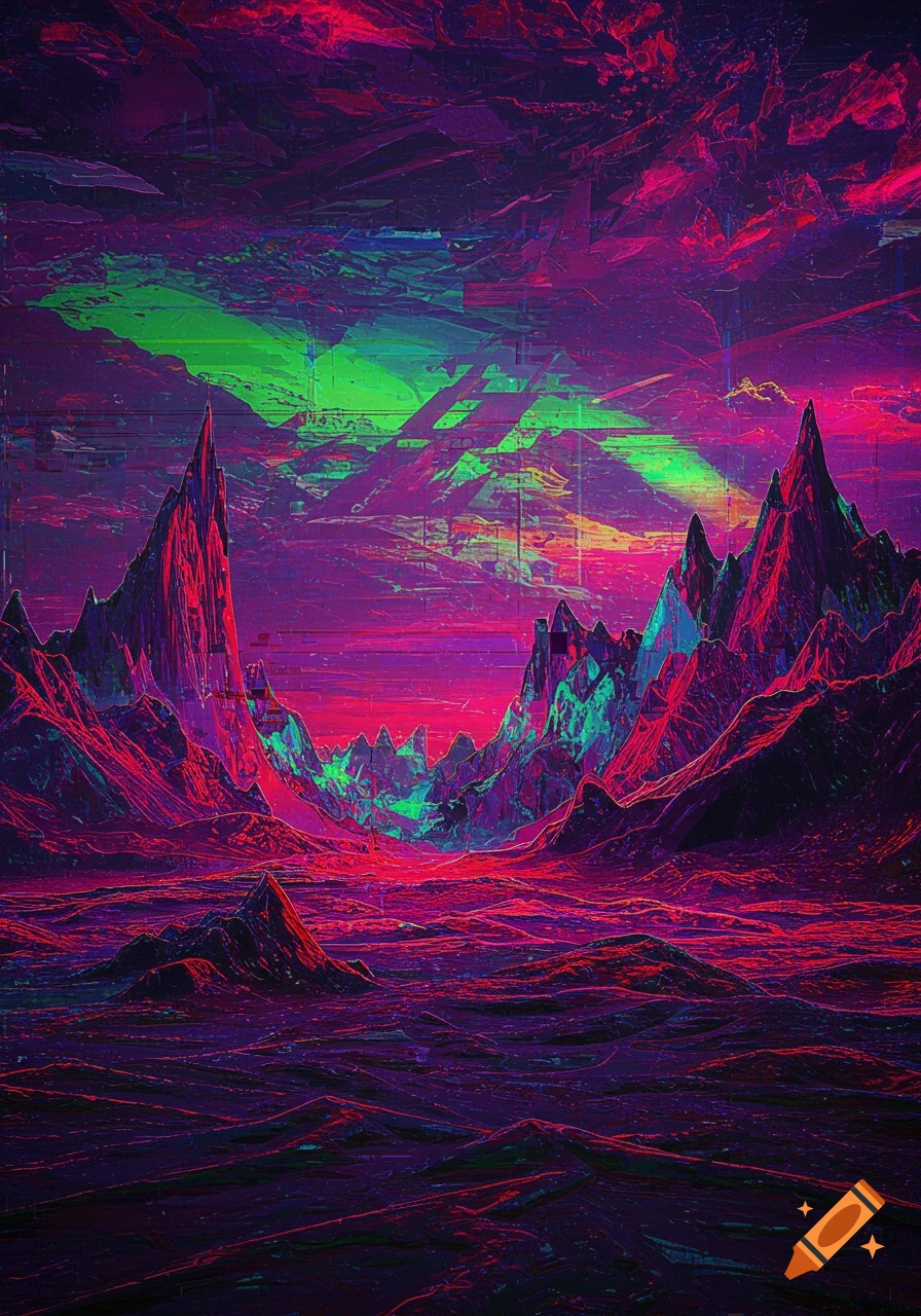 Vibrant glitch art landscape with jagged neon pink and purple mountains under a sky streaked with green and red.