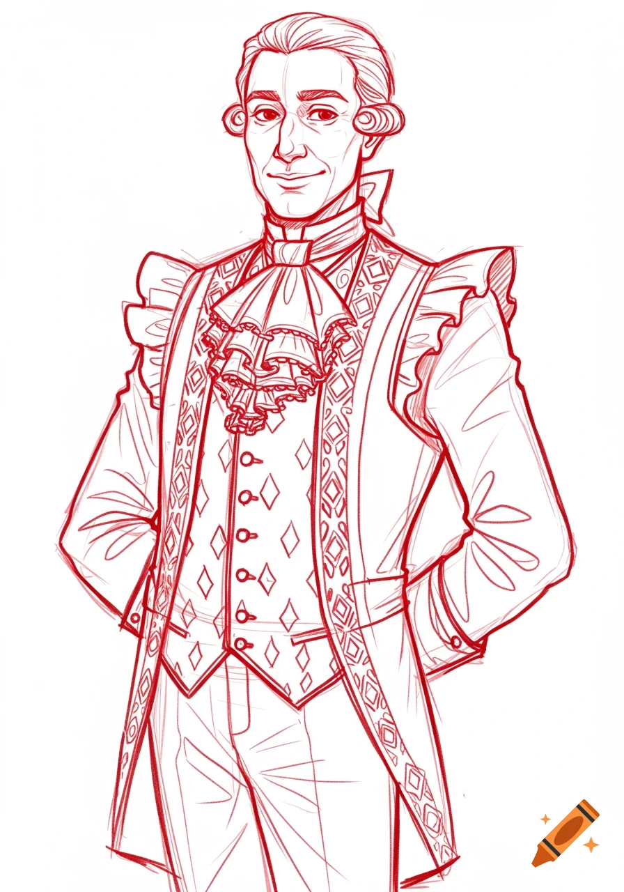 Red line art sketch of a smiling man in an elaborate 18th-century noble suit with ruffled cuffs and diamond patterns.