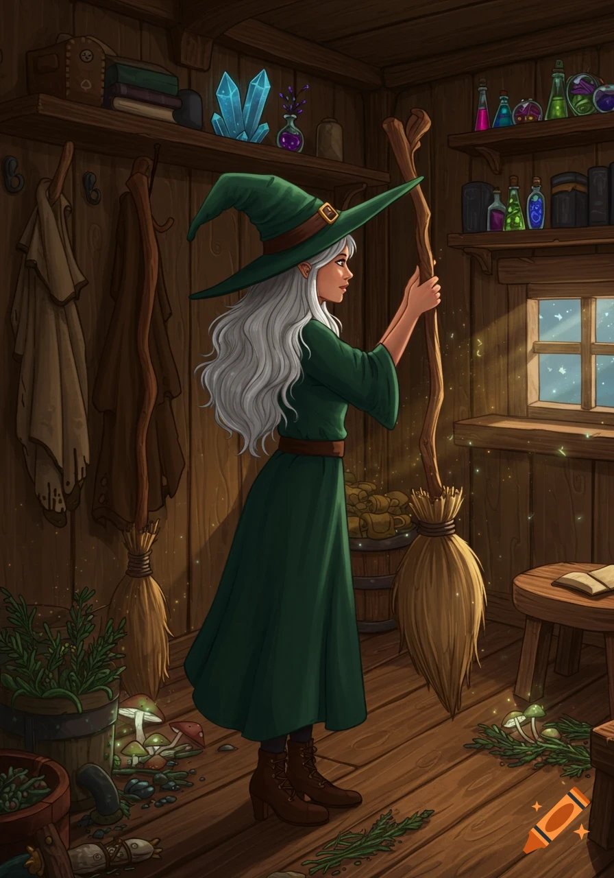 An illustration of a witch with long white hair in a green dress and hat in a rustic room, holding her broom. Magic crystals and potions are on shelves.