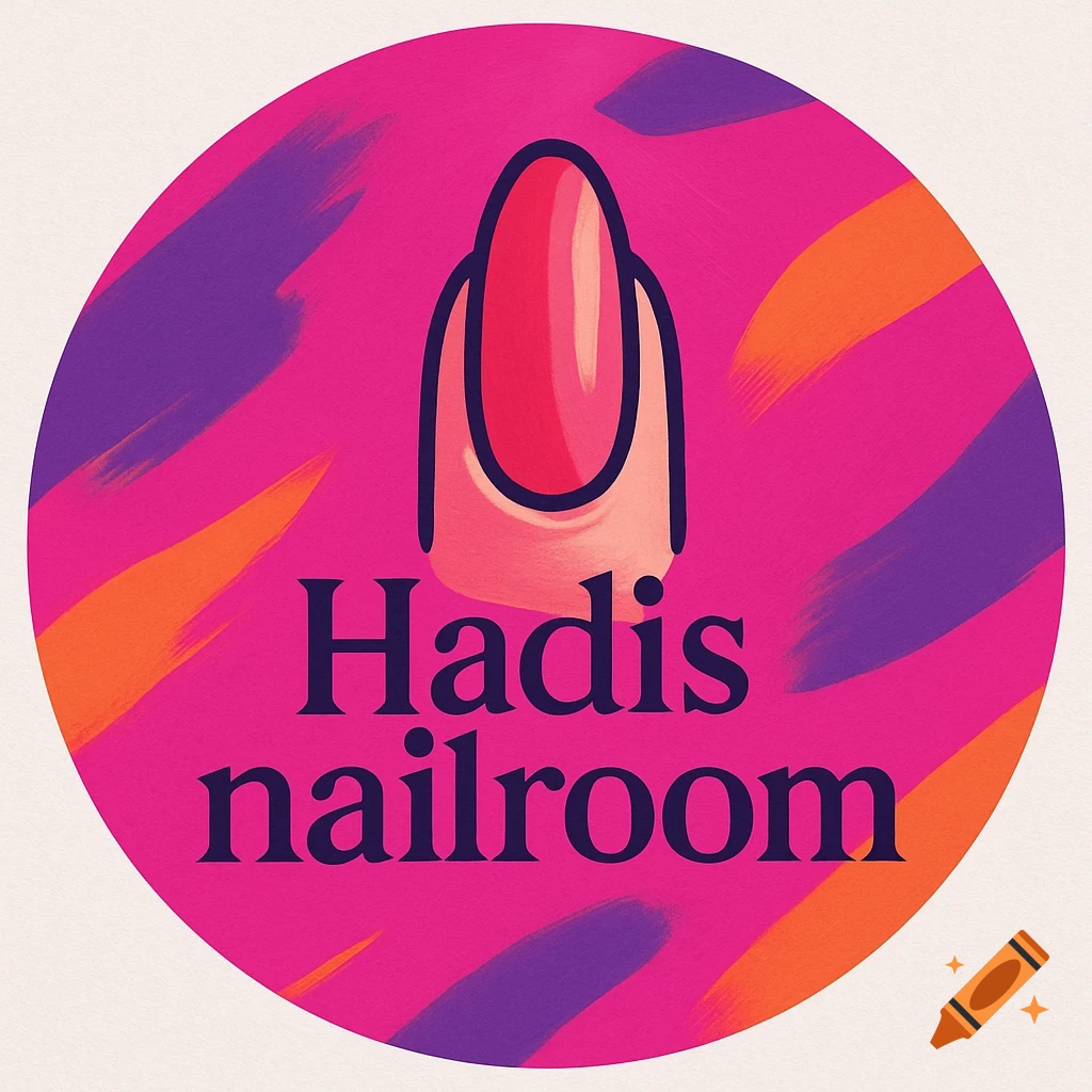 A round, vibrant pink logo with orange and purple brush strokes. It features a stylized nail design above the text 'Hadis nailroom' in dark purple.