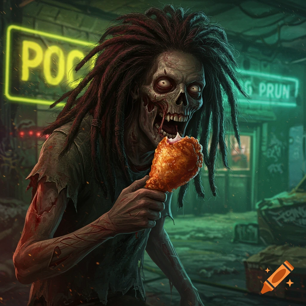 A grotesque zombie with dreadlocks and rotting flesh gleefully eats a piece of fried chicken in a dark, neon-lit alley.