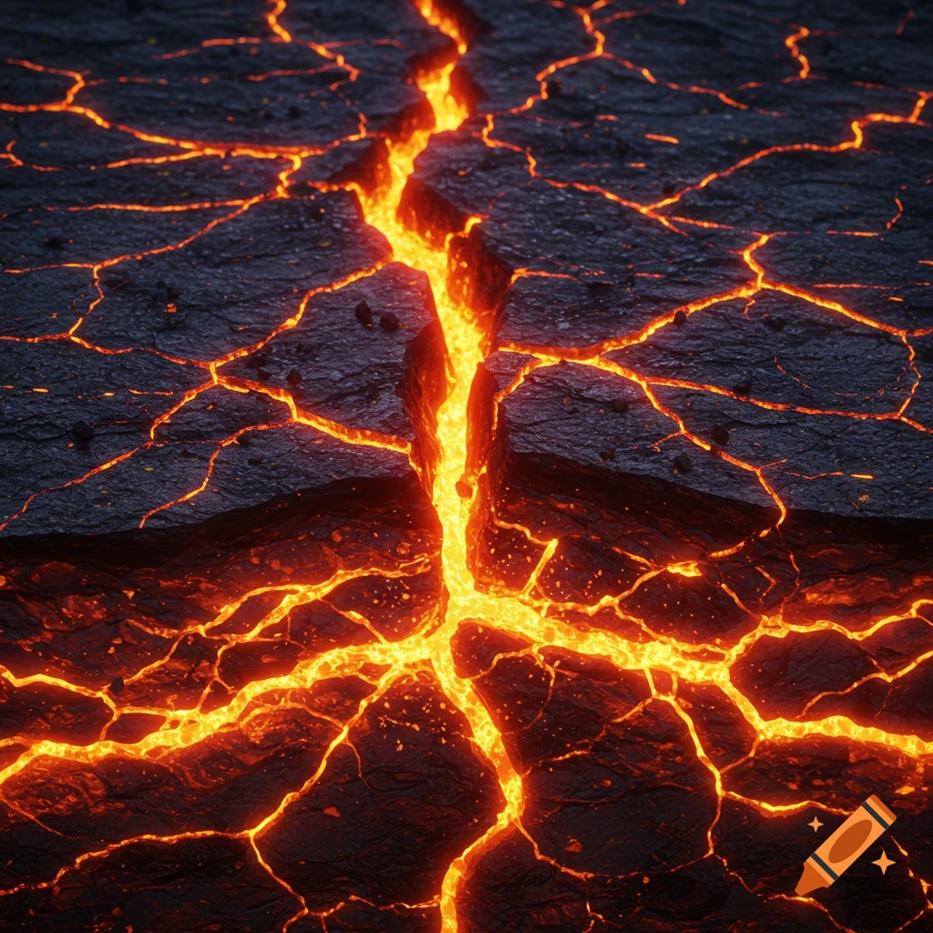 A close-up view of dark cracked earth with bright orange-yellow molten lava flowing through the fissures and glowing from underneath.