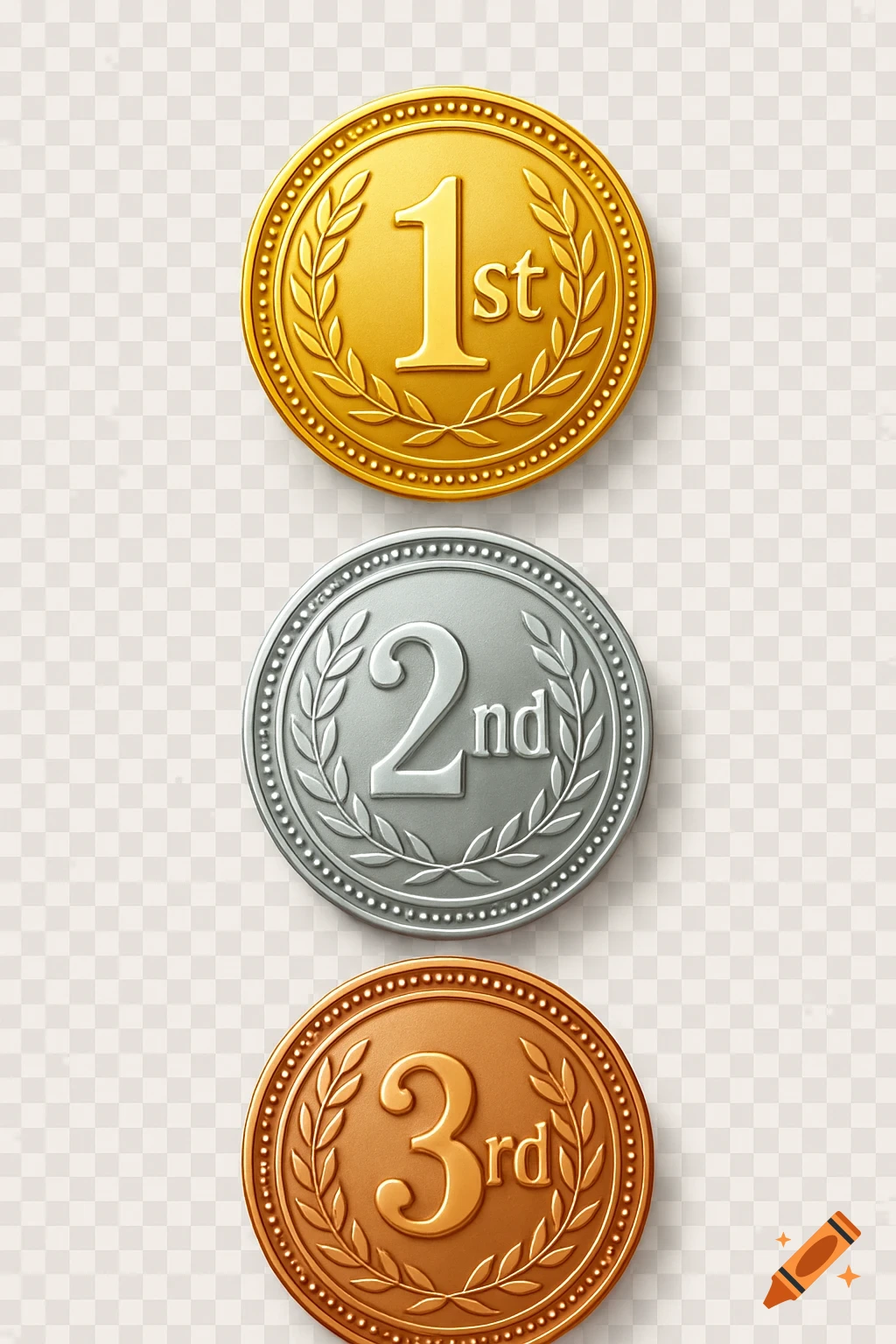 Three perfectly rendered, shiny medals aligned vertically on a transparent background. A gold medal with "1st", a silver medal with "2nd", and a bronze medal with "3rd" are shown, each encircled by a laurel wreath.