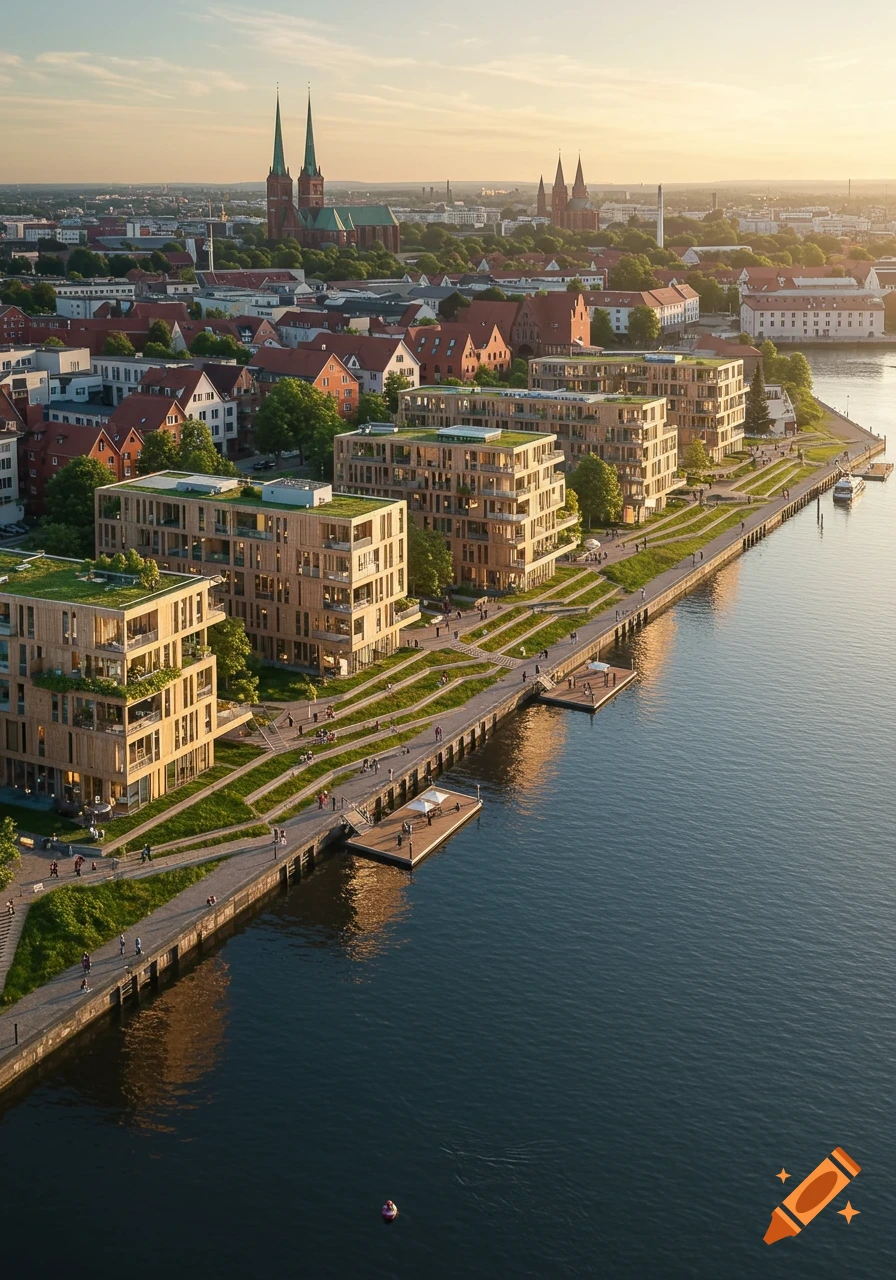 Aerial view of a modern waterfront urban development with green spaces and a promenade, set against a historic city skyline under soft afternoon light.