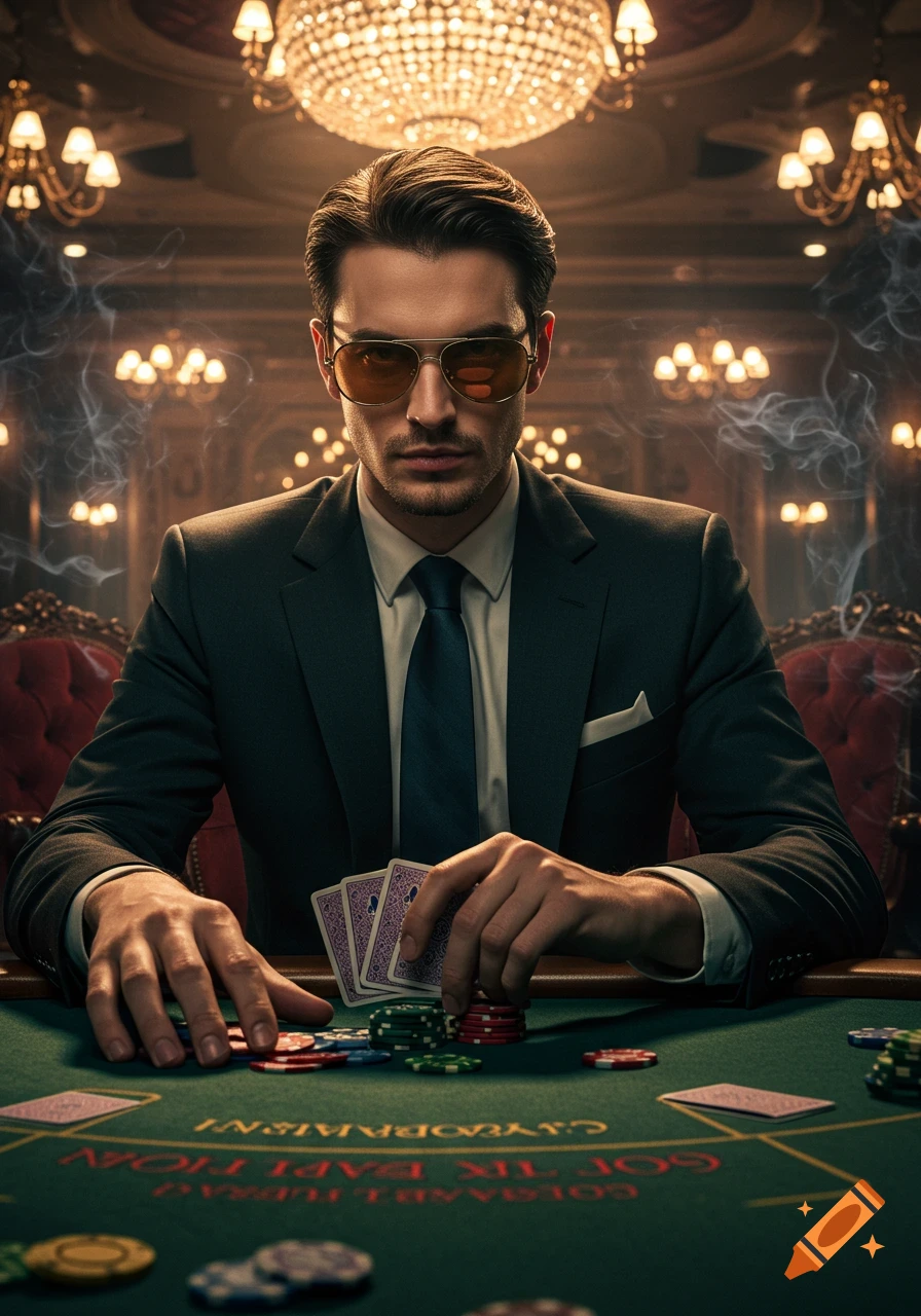 A photorealistic portrait of a man in a suit and sunglasses, holding playing cards at a poker table in a luxurious casino.
