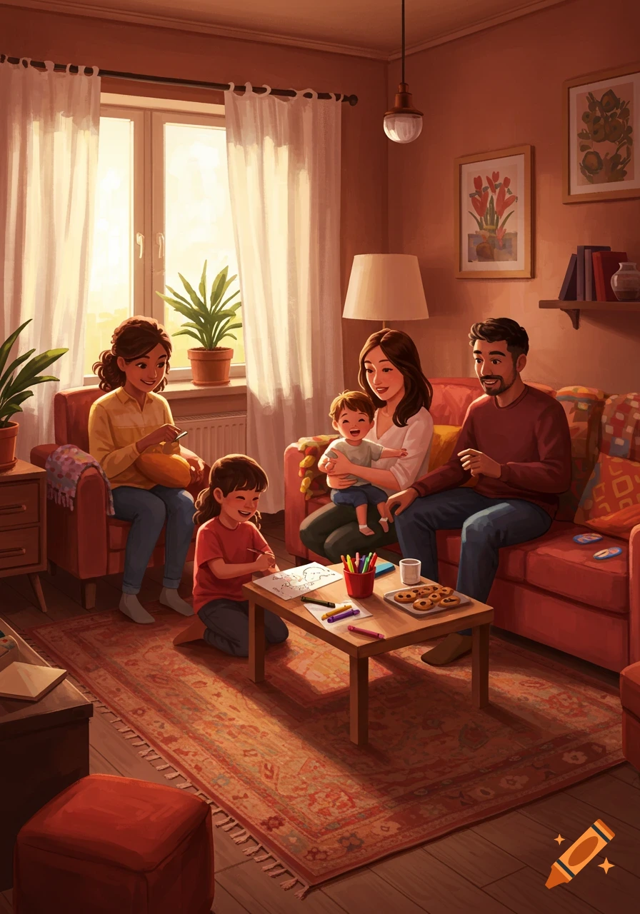 An illustration of a family in a cozy, sunlit living room. A child draws, a baby is held, and adults relax on a couch.