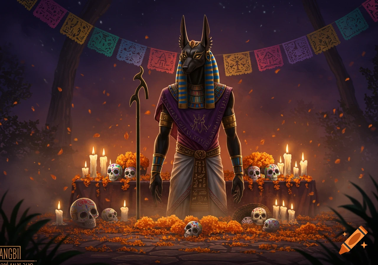 Anubis, the Egyptian god, stands at night surrounded by Day of the Dead decorations: sugar skulls, candles, and marigolds.