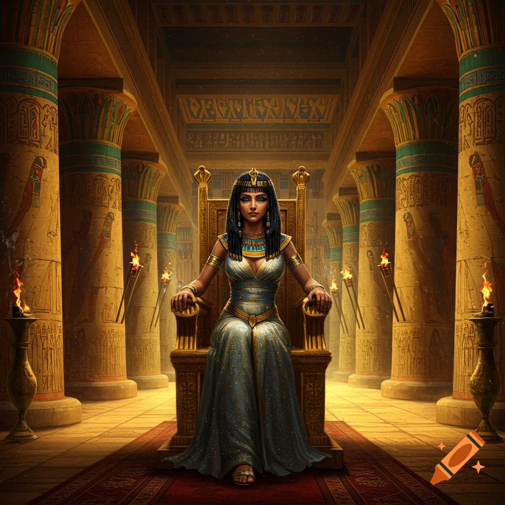 An Egyptian queen with dark hair and a gold headdress sits on a golden throne in a lavish temple with hieroglyph-covered pillars.